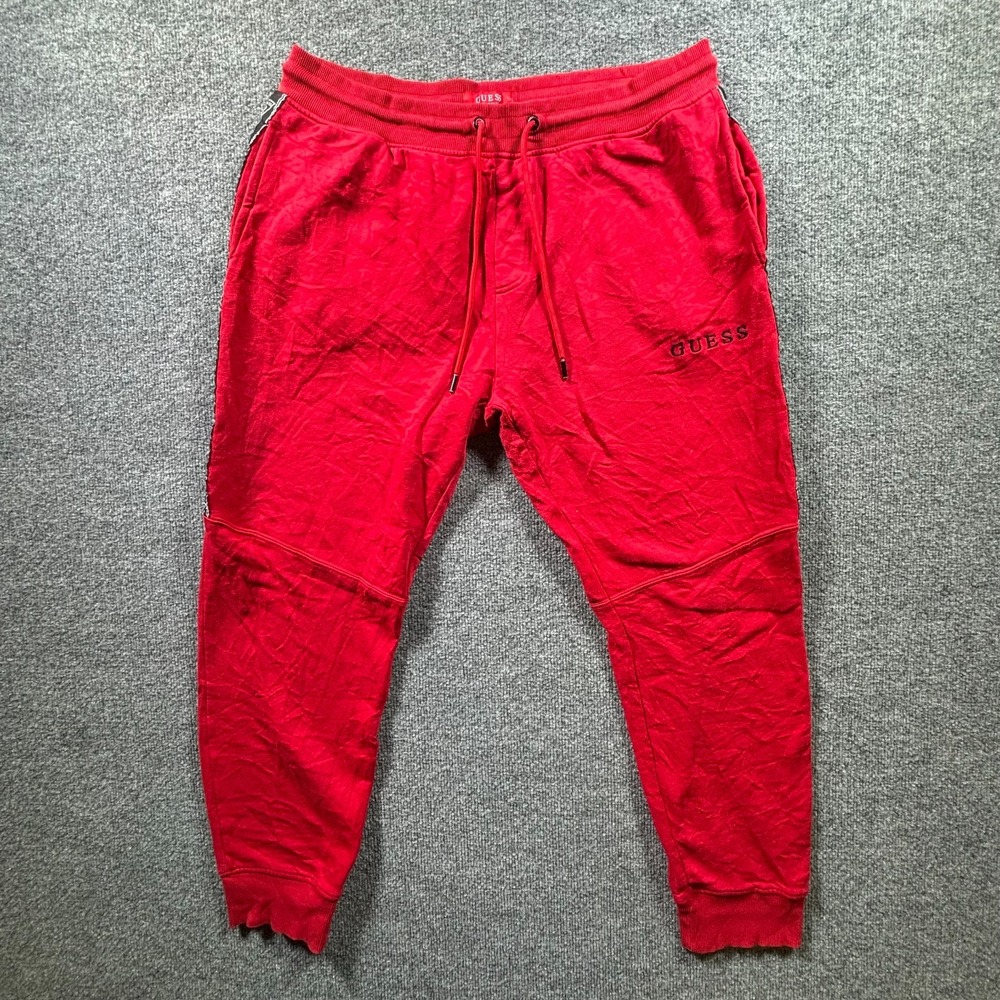GUESS Joggers Sweatpants Mens XL Red Fleece Drawstring Tapered Leg Activewear